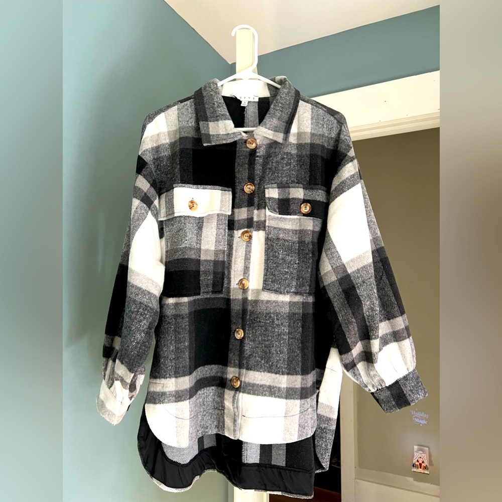 Hyfve black, grey and white plaid oversized fit shacket.